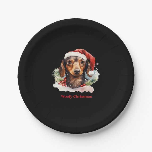 Daschund Dog Christmas Santa Hat Xmas Light Woofy  Paper Plate (Front)