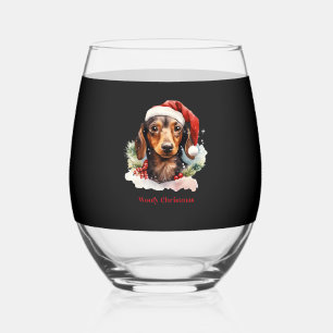 Daschund Dog Christmas Santa Hat Xmas Light Woofy Stemless Wine Glass