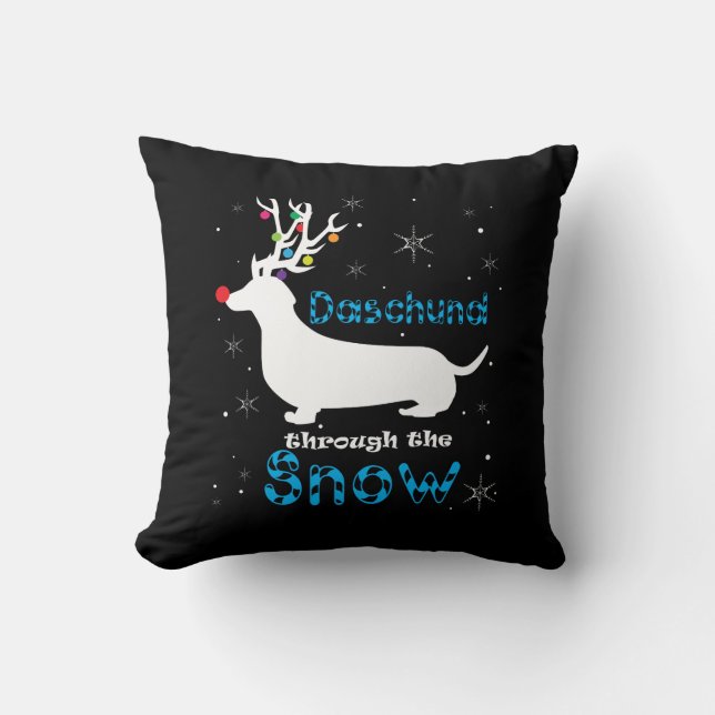Daschund Gift Through The Snow Christmas Pun Cushion (Front)