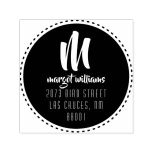 Dash Black Circle Monogram Script Custom Address Self-inking Stamp