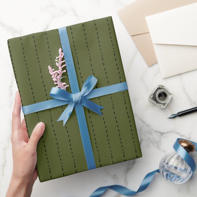 Dashed Lines on Dark Olive Green Wrapping Paper (Gifting)