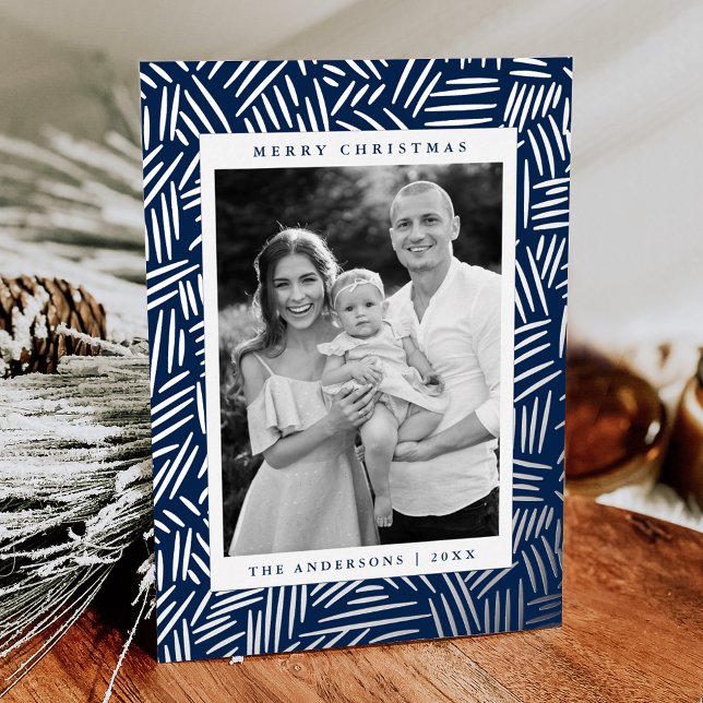Dashed Navy and Silver Photo Foil Holiday Card (Creator Uploaded)