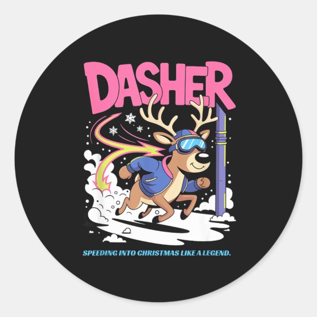 Dasher Reindeer Christmas Speeding Fun  Classic Round Sticker (Front)