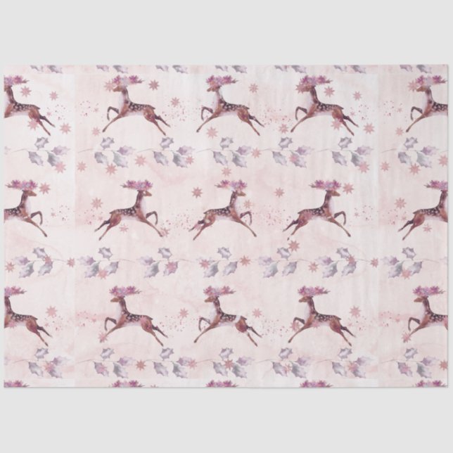 Dashing Reindeer Leaves Flowers Christmas Tissue Paper (Front)