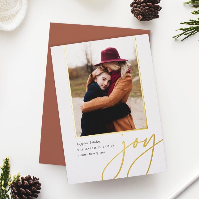 Dashing Script | Joy | Vertical Photo Foil Holiday Card (Creator Uploaded)