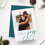 Dashing Script | Joy | Vertical Photo Holiday Card<br><div class="desc">A modern and elegant holiday card featuring a vertical or portrait-orientated photo accented with thin vertical stripes. "Joy" appears beneath in casual hand lettered script typography. Personalise with your custom holiday greeting,  family name,  and the year. A chic and modern minialist choice for your Christmas 2021 cards.</div>