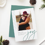 Dashing Script | Joy | Vertical Photo Holiday Card<br><div class="desc">A modern and elegant holiday card featuring a vertical or portrait-orientated photo accented with thin vertical stripes. "Joy" appears beneath in casual hand lettered script typography. Personalise with your custom holiday greeting,  family name,  and the year. A chic and modern minialist choice for your Christmas 2021 cards.</div>
