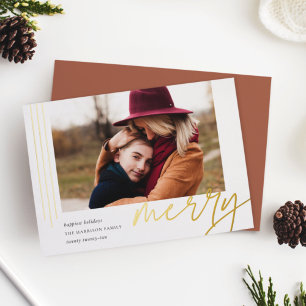 Dashing Script   Merry   Horizontal Photo Foil Holiday Card