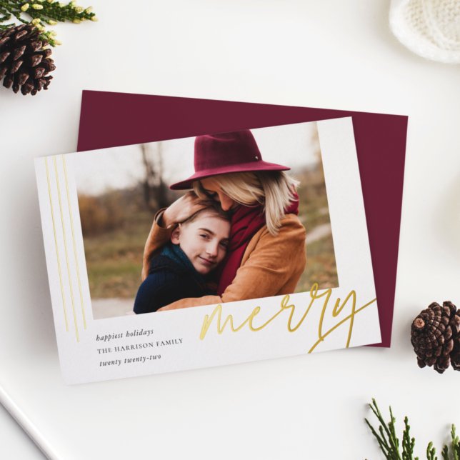 Dashing Script | Merry | Horizontal Photo Foil Holiday Card (Creator Uploaded)