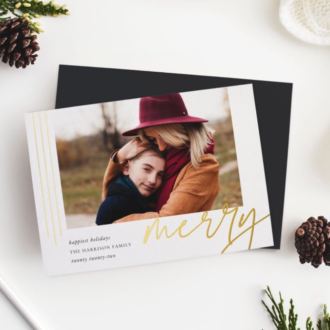 Dashing Script | Merry | Horizontal Photo Foil Holiday Card (Creator Uploaded)