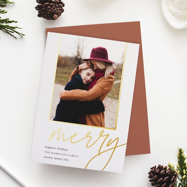 Dashing Script | Merry Vertical Photo Foil Holiday Card (Creator Uploaded)