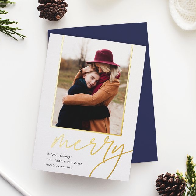 Dashing Script | Merry Vertical Photo Foil Holiday Card (Creator Uploaded)