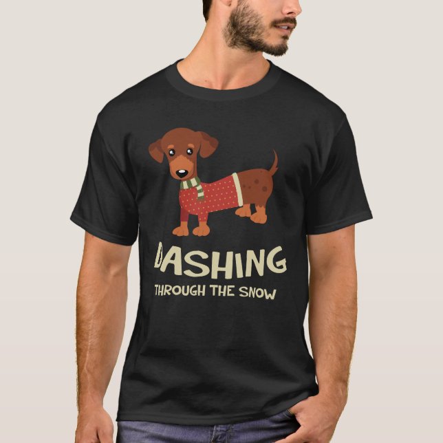Dashing Through the Snow Dachshund Dog Christmas T-Shirt (Front)