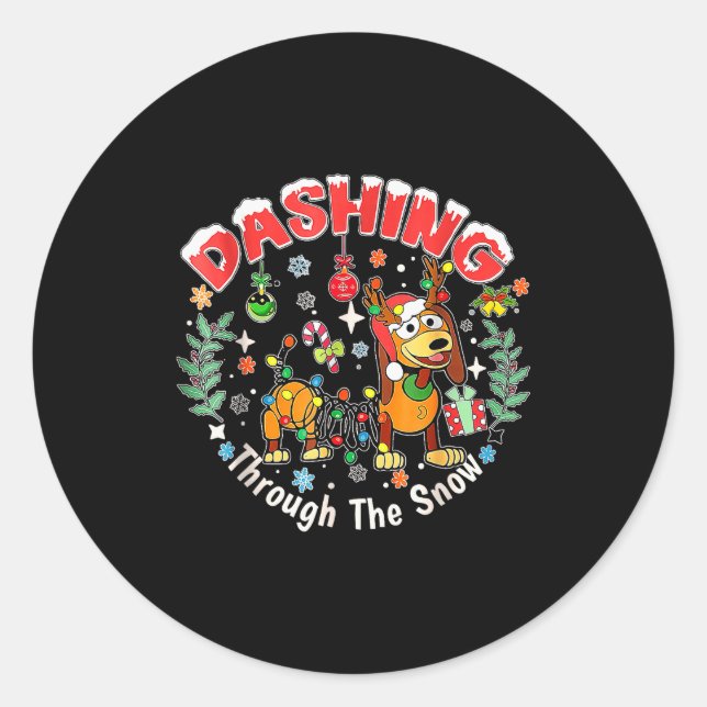 Dashing Through The Snow, Funny Dog Christmas  Classic Round Sticker (Front)