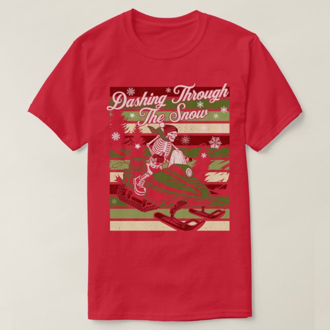 Dashing Through The Snow Retro Snowmobiling Skelet T-Shirt (Design Front)