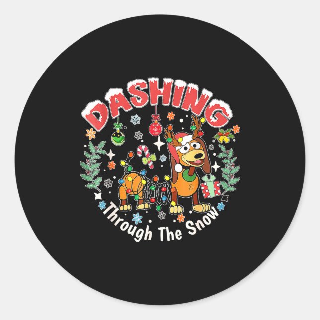 Dashing Through The Snow Slink Dog Christmas  Classic Round Sticker (Front)
