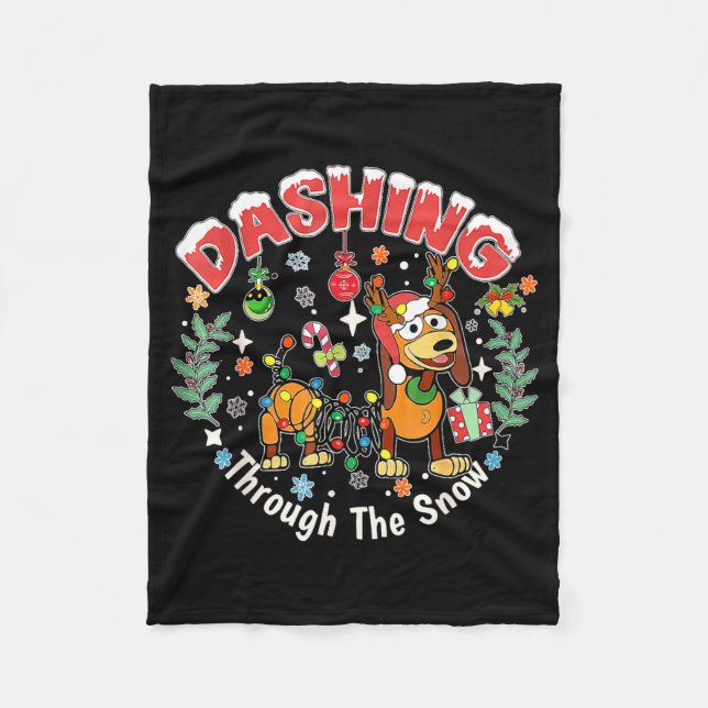 Dashing Through The Snow Slink Dog Christmas  Fleece Blanket (Front)