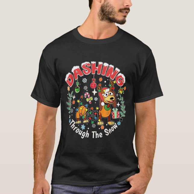 Dashing Through The Snow Slink Dog Christmas  T-Shirt (Front)