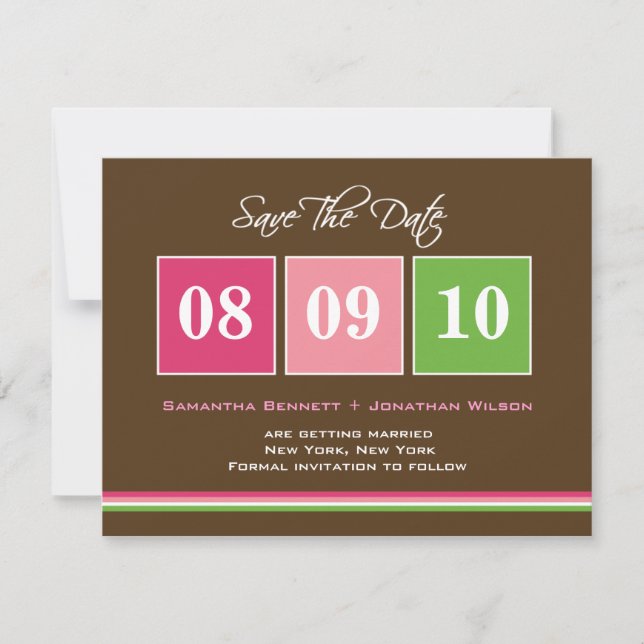 Date Blocks Save The Date Card - Fuchsia Green (Front)