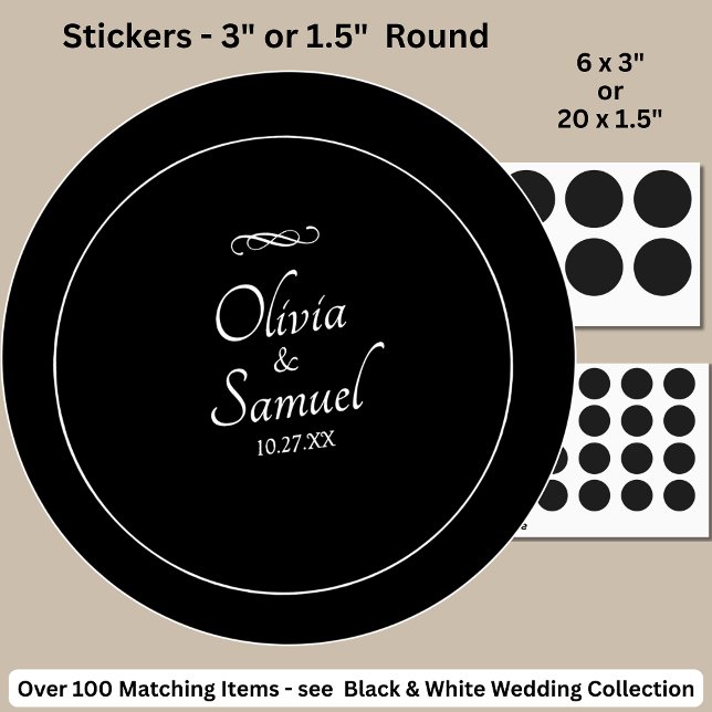 Date + Bride, Groom Names Black White Infinity  Classic Round Sticker (Creator Uploaded)