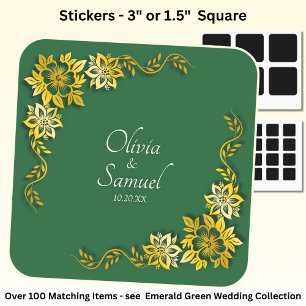 Date + Bride, Groom Names Emerald Green & Gold Square Sticker