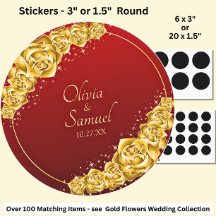Date + Bride Groom Names, Gold Flowers Maroon Red Classic Round Sticker