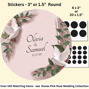 Date + Bride, Groom Names Pink Roses & Doves Classic Round Sticker