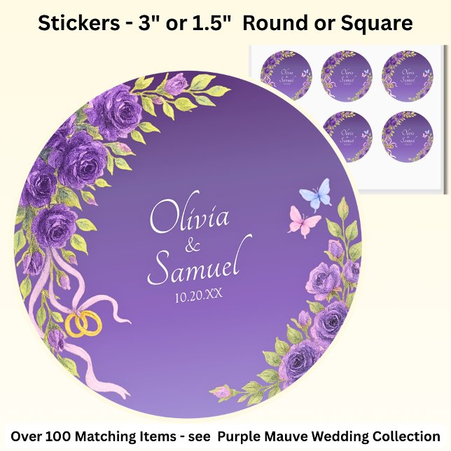 Date + Bride, Groom Names Purple Mauve Flowers Classic Round Sticker (Creator Uploaded)