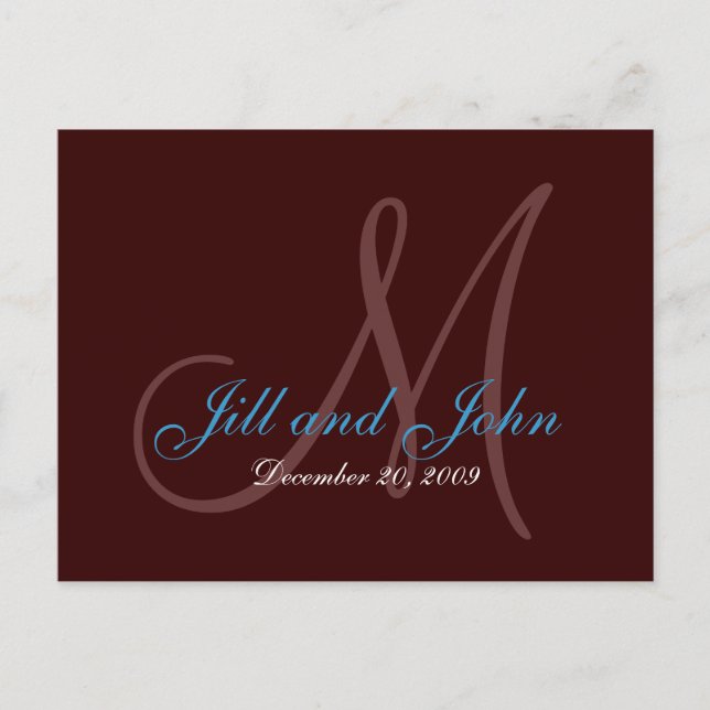 Date, First Names and Monogram Teal and Brown Card (Front)