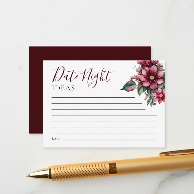 Date Night Ideas Floral Burgundy Bridal Shower  Enclosure Card (Front/Back In Situ)