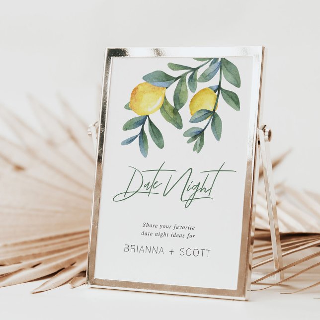 Date Night Ideas Lemon Bridal shower Game sign (Date night lemon bridal shower date night sign shown in gold frame)
