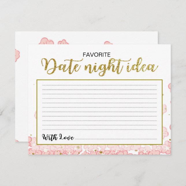 Date Night Ideas | Pink and Gold Glitter Floral Invitation (Front/Back)