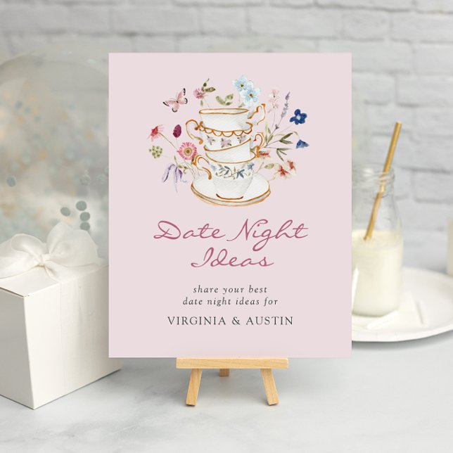 Date Night Ideas Poster (Floral Pink Tea Party Date Night Ideas Poster with Butterfly by Painted Paperie
)