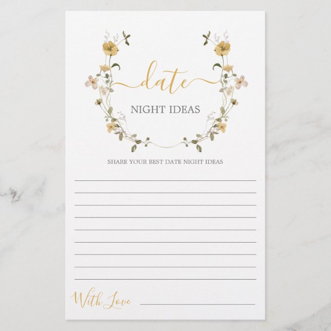 Date Night ideas wildflower bridal shower card (Front)