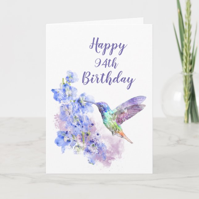 Dated 94th Birthday Hummingbird Bird Delphiniums Card (Front)