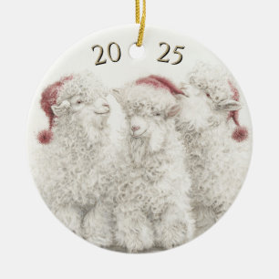 Dated Angora Goat Trio Santa Hat Christmas Ceramic Tree Decoration