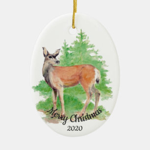 Dated Christmas Custom Watercolor Deer Animal Ceramic Tree Decoration