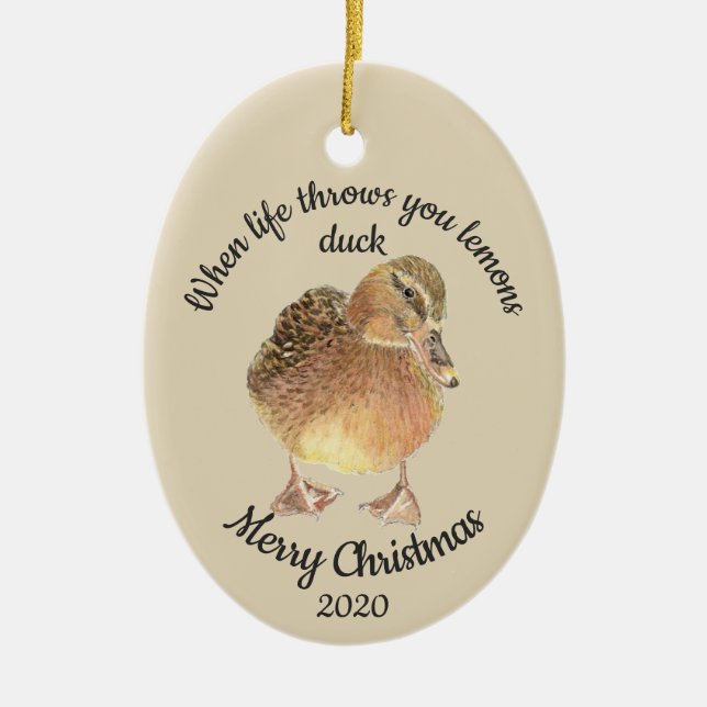 Dated Christmas Custom Watercolor Duck Quote Ceram Ceramic Tree Decoration (Front)
