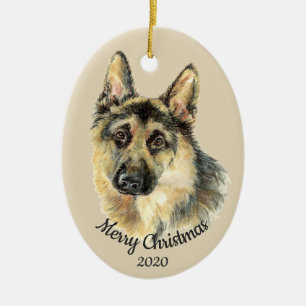 Dated Christmas Custom Watercolor German Shepherd Ceramic Tree Decoration