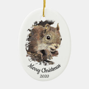Dated Christmas Custom Watercolor Squirrel Animal Ceramic Tree Decoration