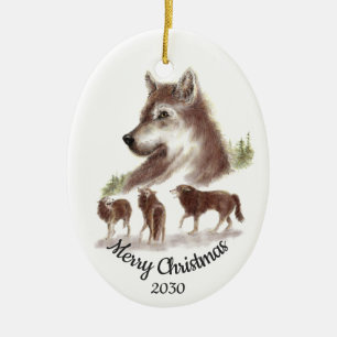 Dated Christmas Custom Watercolor Wolves Art Ceramic Tree Decoration