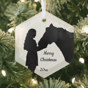 Dated Christmas Girl & Her Horse Love Silhouette Glass Tree Decoration