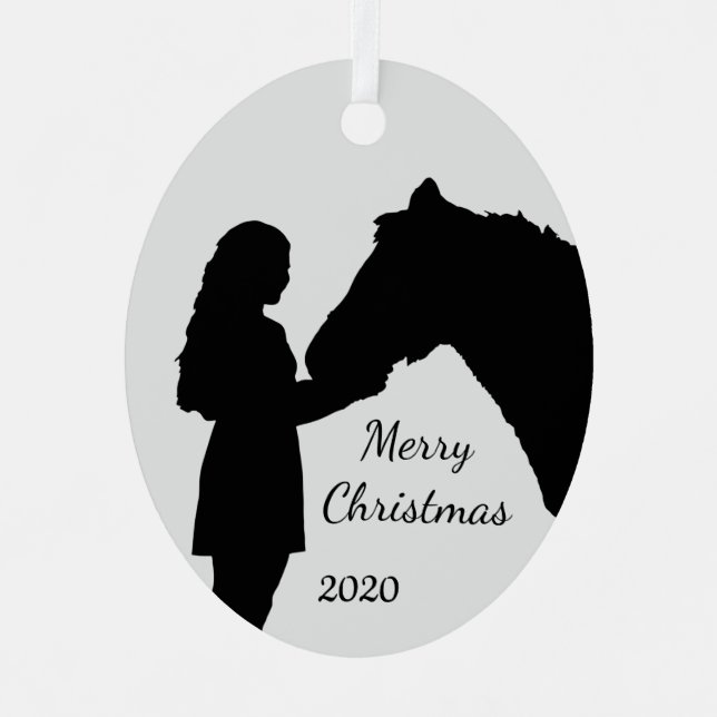 Dated Christmas Girl & Her Horse Love Silhouette Metal Tree Decoration (Front)