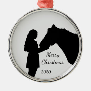 Dated Christmas Girl & Her Horse Love Silhouette Metal Tree Decoration