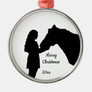 Dated Christmas Girl & Her Horse Love Silhouette  Metal Tree Decoration