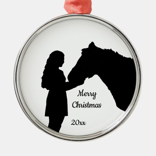 Dated Christmas Girl & Her Horse Love Silhouette  Metal Tree Decoration (Front)