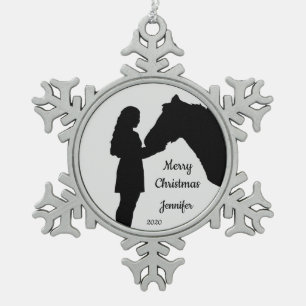 Dated Christmas Girl & Her Horse Love Silhouette   Snowflake Pewter Christmas Ornament
