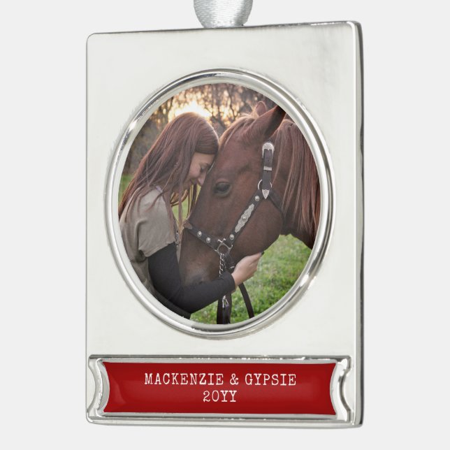 Dated Christmas Horse Photo Personalised Metallic Silver Plated Banner Ornament (Left)