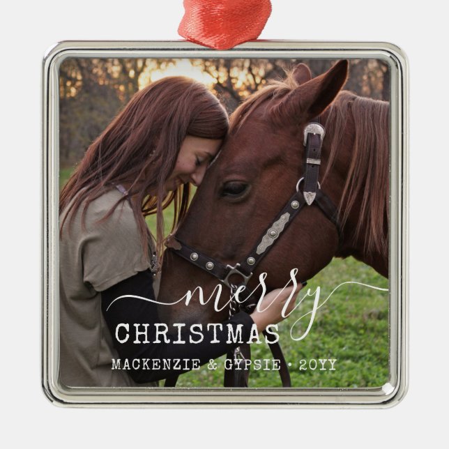 Dated Christmas Horse Rider Personalised Square Metal Tree Decoration (Front)