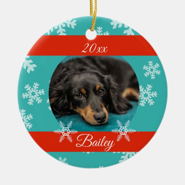 Dated Christmas Pet Photo Blue Holiday Snowflake Ceramic Tree Decoration (Front)